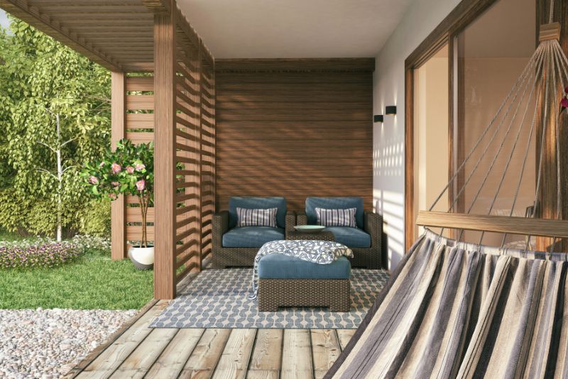 stylish verandah with a seating area and a hammock