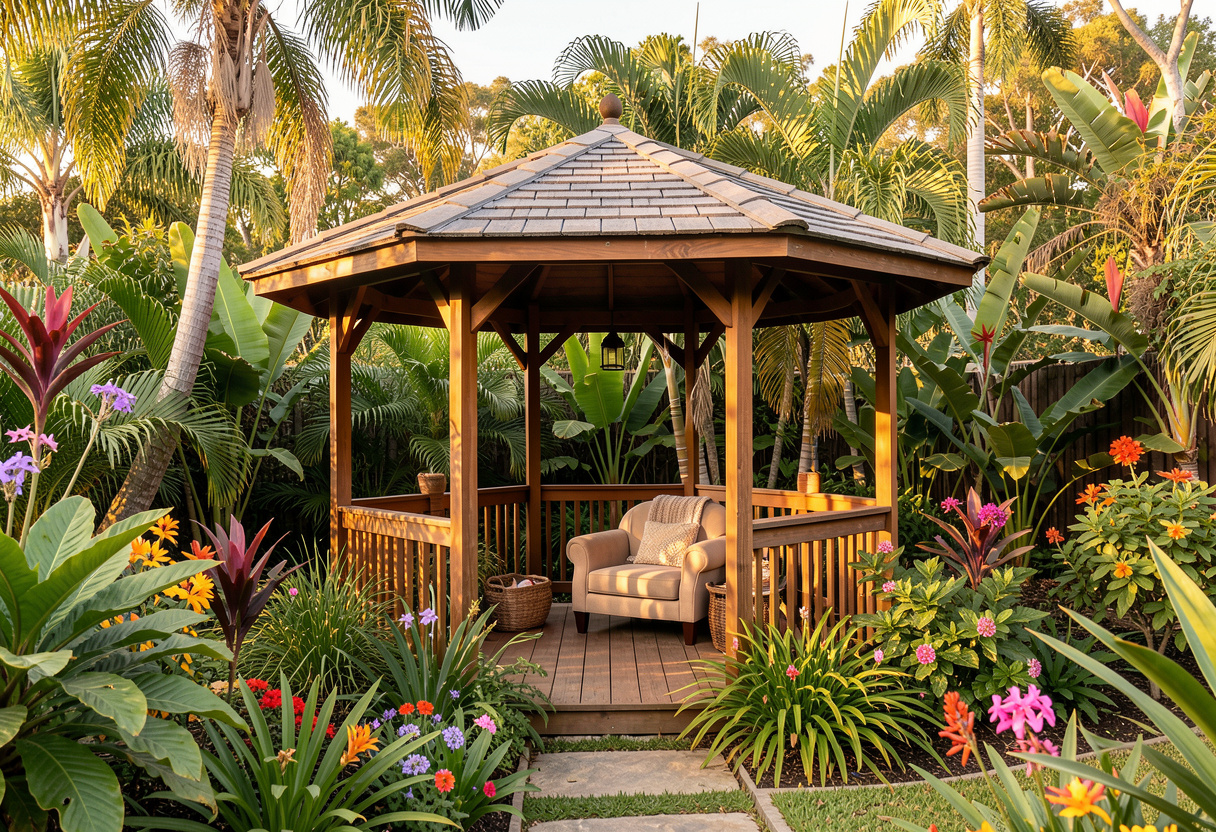 A charming timber garden gazebo tucked into a lush Ipswich garden setting
