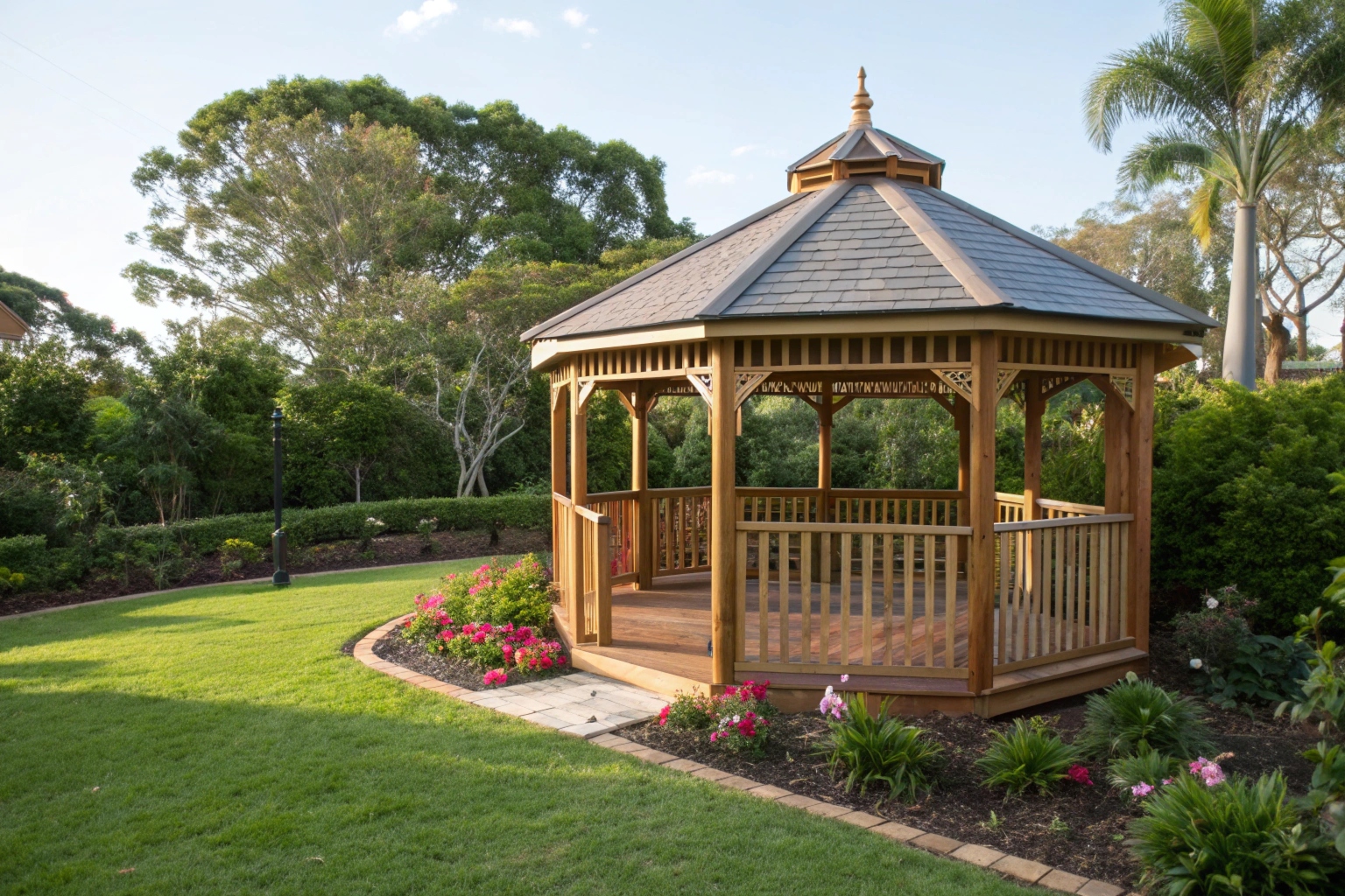 Octagonal timber gazebo in Ipswich garden with natural hardwood finish