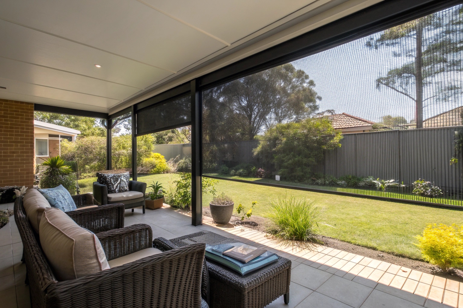 Screened patio with outdoor furniture in Ipswich backyard
