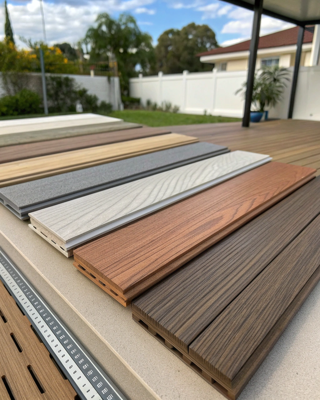 Array of composite decking board colour samples
