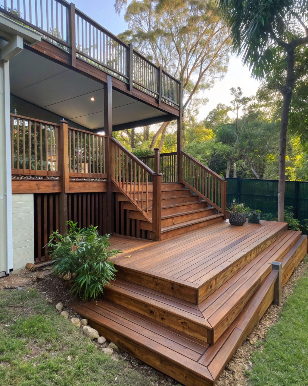 Australian hardwood timber deck with matching stairs and veranda-style railing