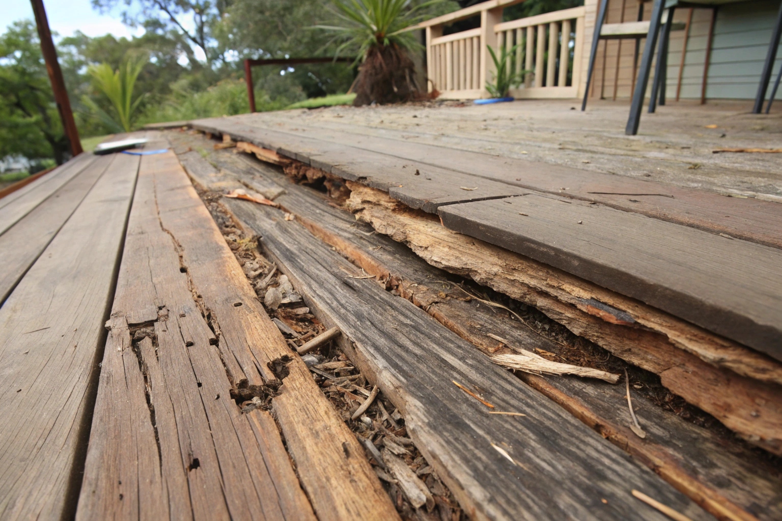 Damaged and rotting deck boards requiring repair in Ipswich home