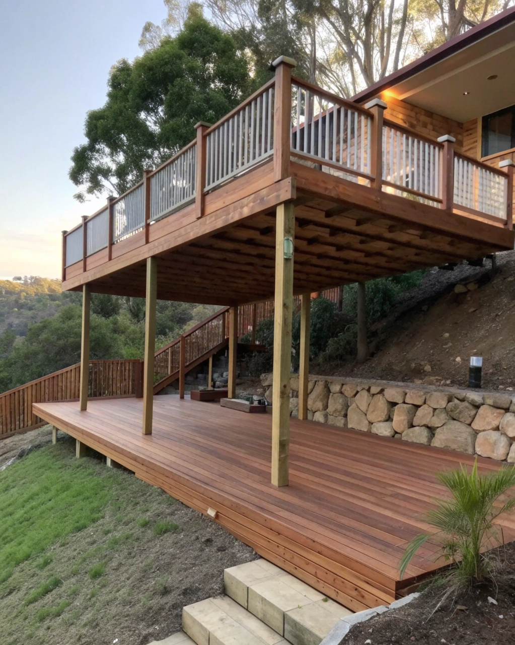 Elevated timber deck on a sloping Ipswich block using posts of varying heights