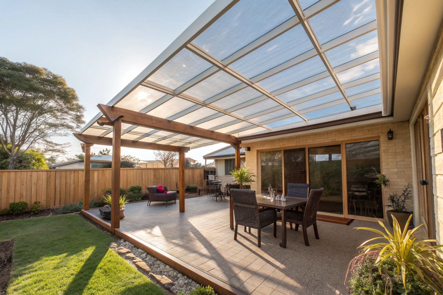 Clear polycarbonate roof panels installed on Ipswich patio allowing natural light through