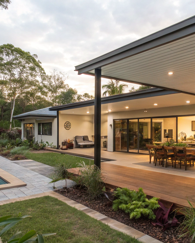 Modern Australian backyard showing three different patio design styles