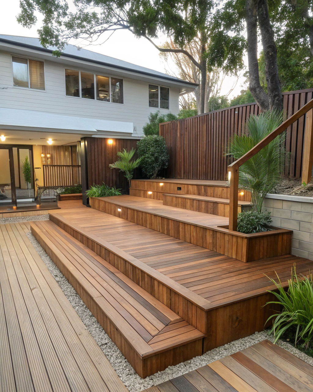 Modern multi-level timber deck with distinct dining and lounging zones