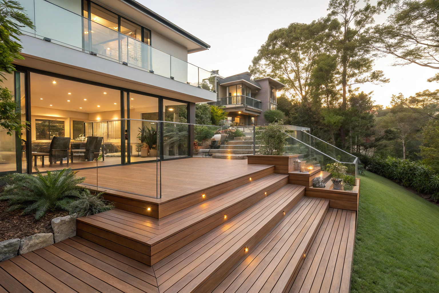 Multi-level composite decking in warm brown timber tones