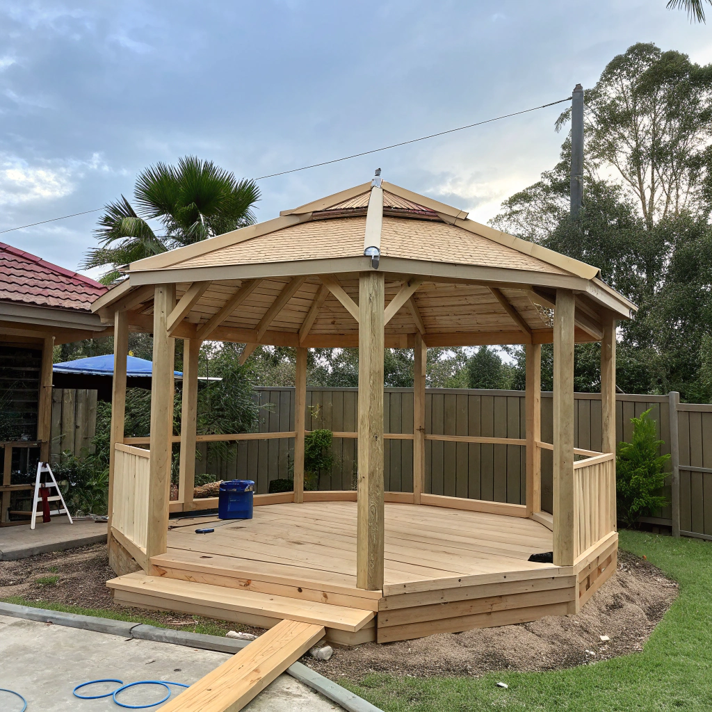 Eight-sided octagonal gazebo timber frame during construction in Ipswich Queensland