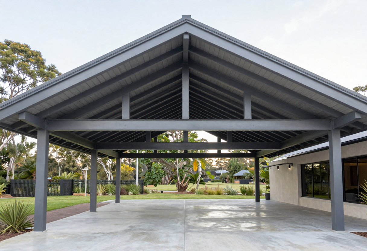 Outdoor pavilion under construction in a Queensland backyard