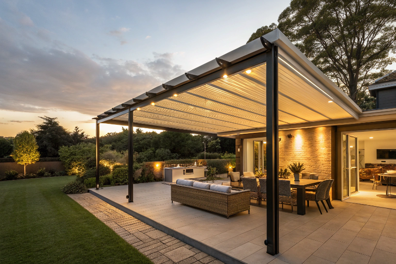 Retractable roof pergola fully open during evening in Ipswich outdoor entertaining area