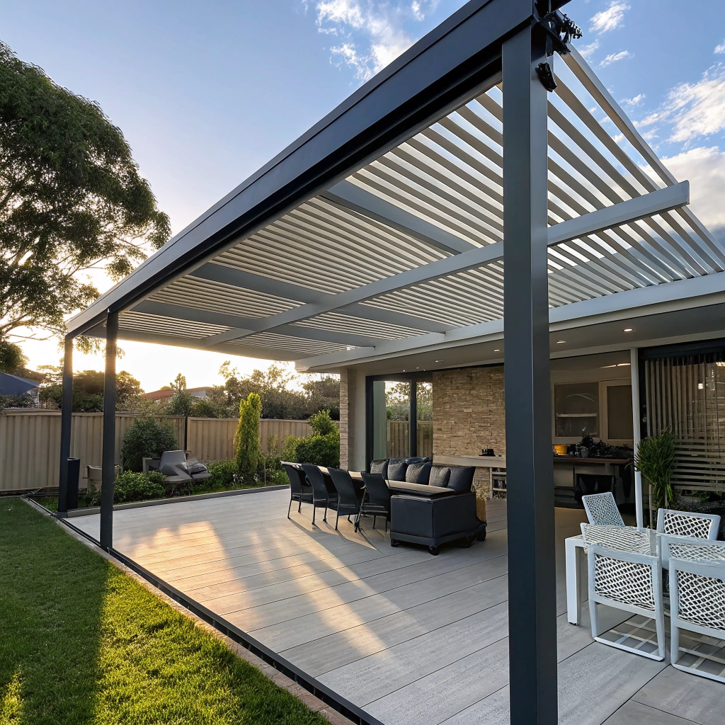 Retractable roof pergola partially open in Ipswich backyard with afternoon sunlight