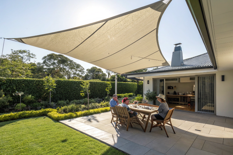 Modern shade sail providing UV protection over family outdoor dining area in Ipswich backyard